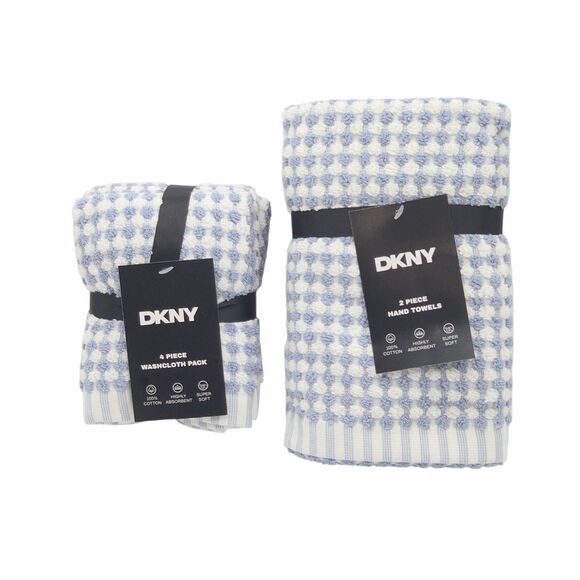 DKNY 8pc Cotton Towel Set 2 Bath 4 Wash 2 Hand  Blue And White Monet Tile - Picture 13 of 14